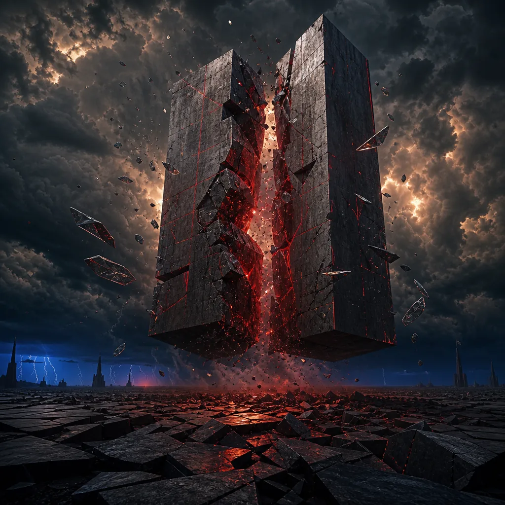 A fractured monolithic structure suspended over a stormy landscape, generated with GPT Image 2