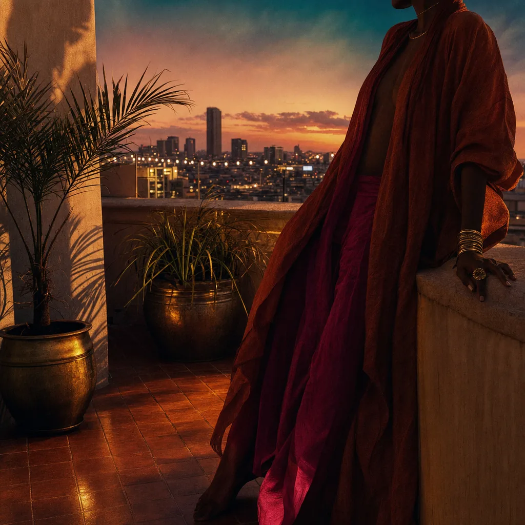 A figure in deep red clothing on a city terrace at golden hour, generated with GPT Image 2