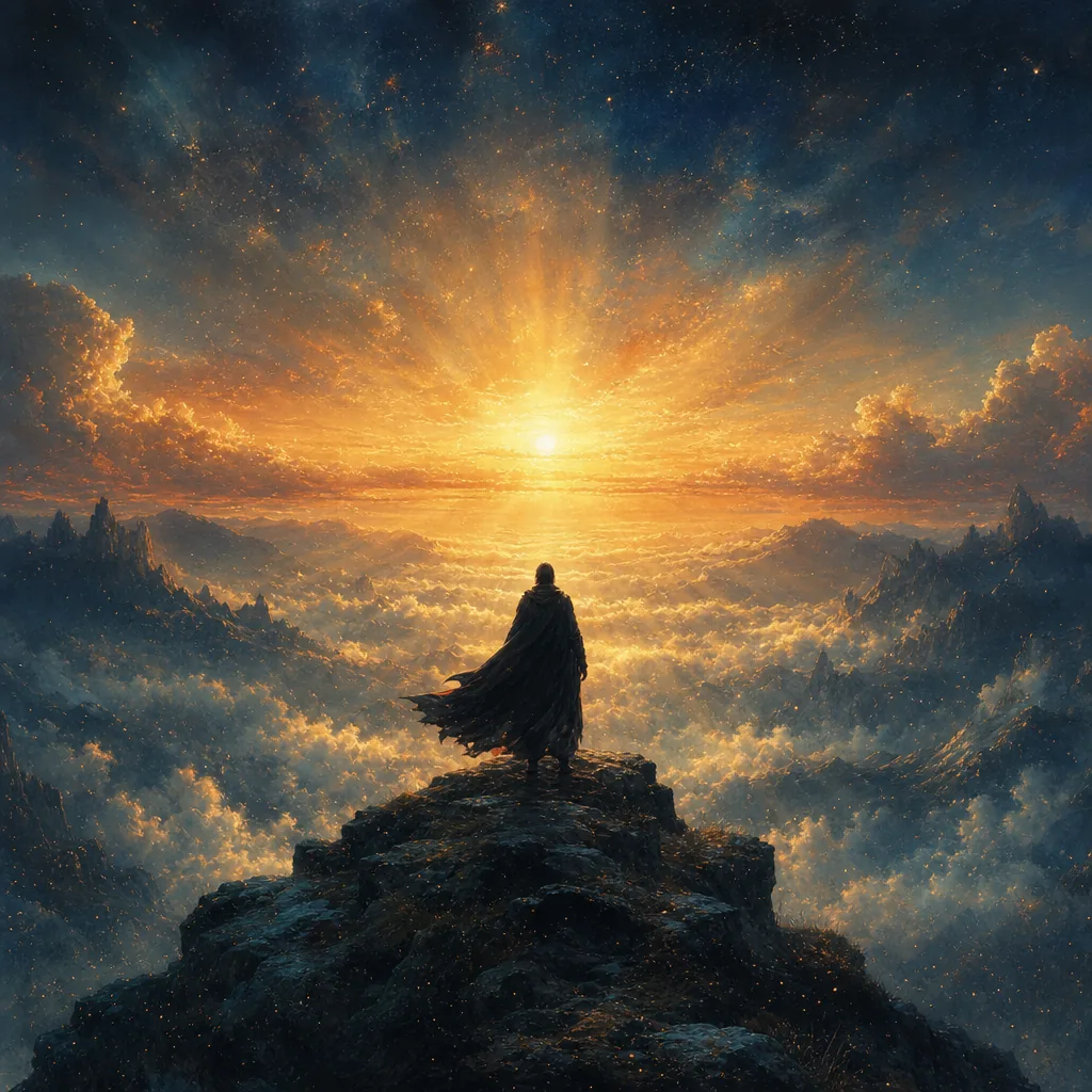 A lone traveler overlooking a radiant fantasy landscape, generated with GPT Image 2