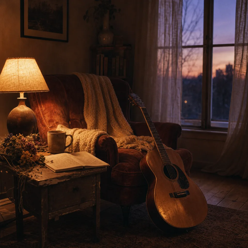 A warmly lit room with an acoustic guitar and writing desk, generated with GPT Image 2
