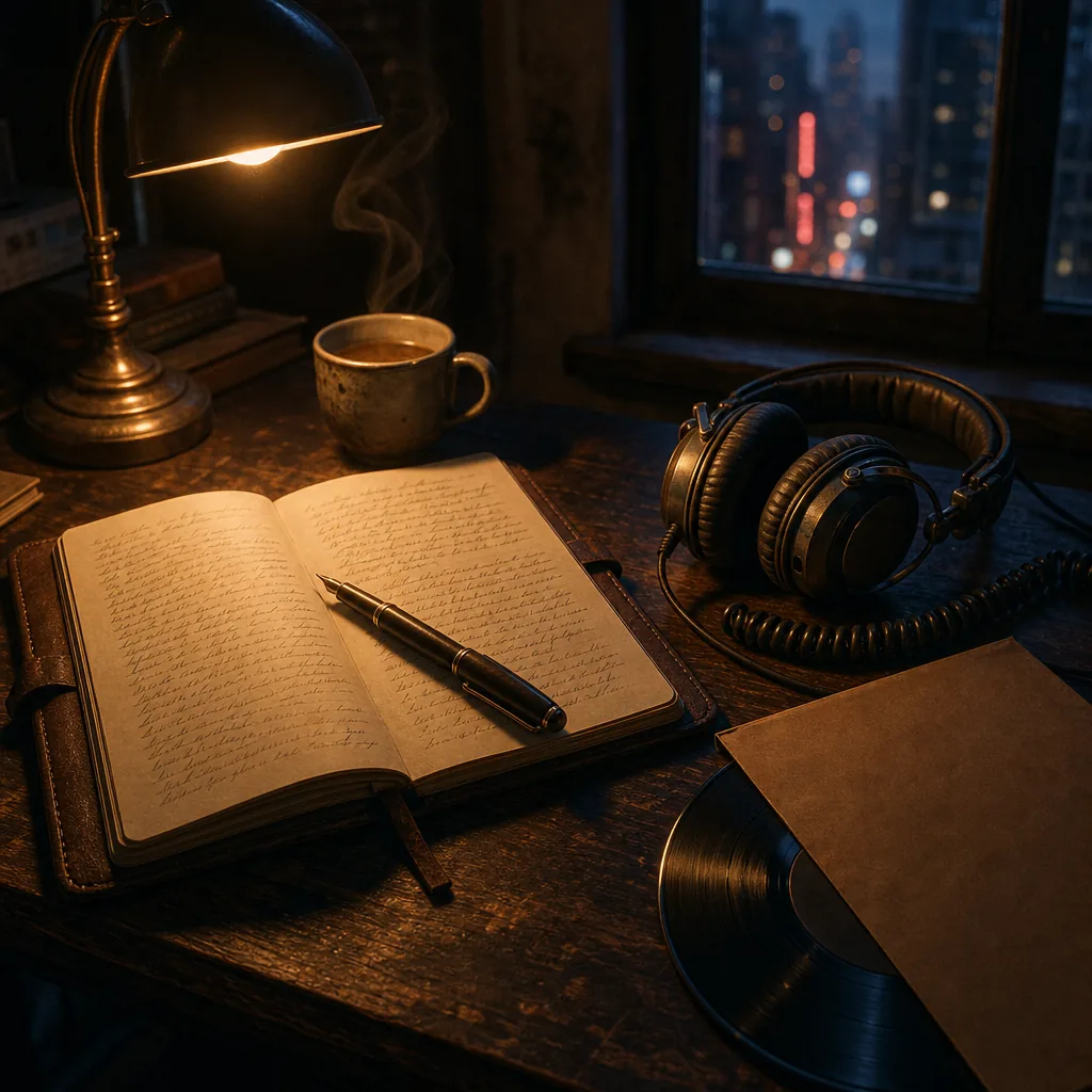 A notebook, headphones, and record beside a window at night, generated with GPT Image 2