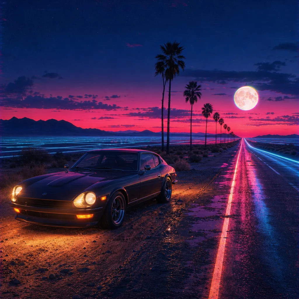 A black sports car beside a neon highway under a full moon, generated with GPT Image 2