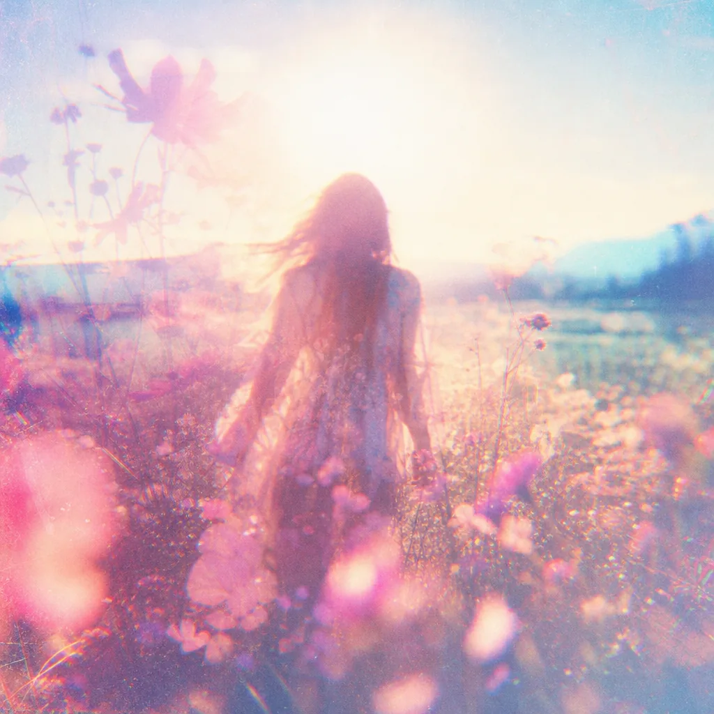 A soft-focus figure walking through a pastel flower field, generated with GPT Image 2